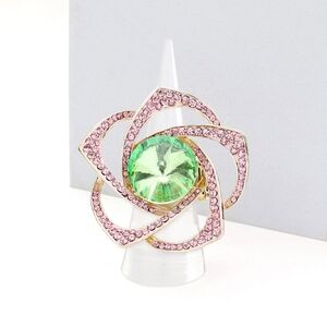 Pink Green Round Stone Stretch Rhinestone Flower Fashion Ring Finger Adjustable